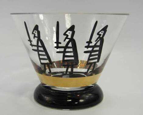 A Bergdula glass bowl, of tapering form painted with three warriors above a gilt band, monogrammed, 12cm high.