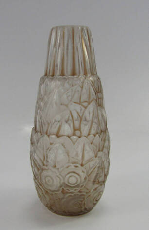 An Andre Hunebelle Art Deco glass vase, of stepped teardrop form moulded with leaves and flowers, signed, 16cm high.