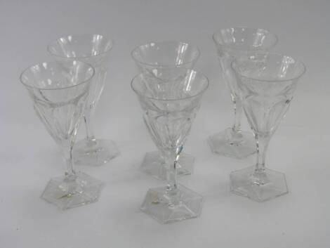 A set of six Moser cut glass wine glasses, raised on a hexagonal stem and base, 19cm high.