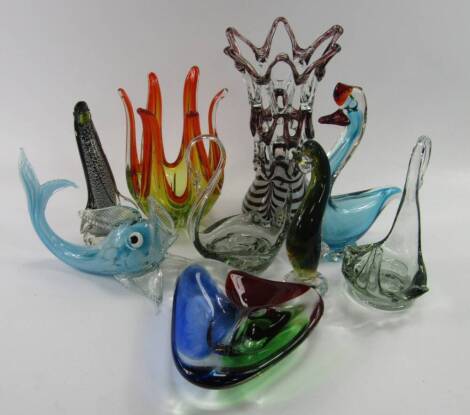 Venetian glass, Bohemian and other coloured glass, including a dolphin, pair of swan dishes, three bird figures and a Murano glass vase, (9).