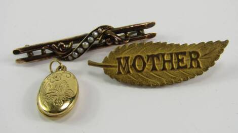 Jewellery, including a Victorian bar brooch, set with seed pearls in gilt metal, a leaf 'Mother' brooch and a locket, (3).