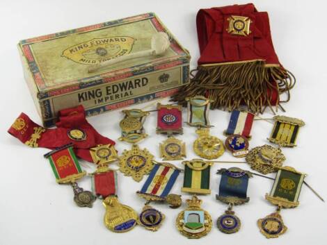 RAOB regalia and jewels, Bro W L Denmead, various lodges, some silver, comprising eleven jewels, two sashes, lapel badge and a clay pipe, (a quantity).