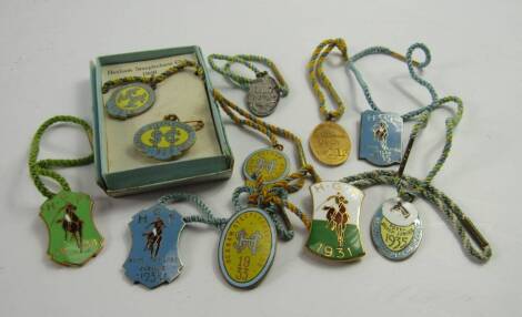 Hexham Steeplechase Club and HGP Polo enamel badges, 1928-35, gentleman and lady, with silk tassels by Reids, Newcastle on Tyne, (11).