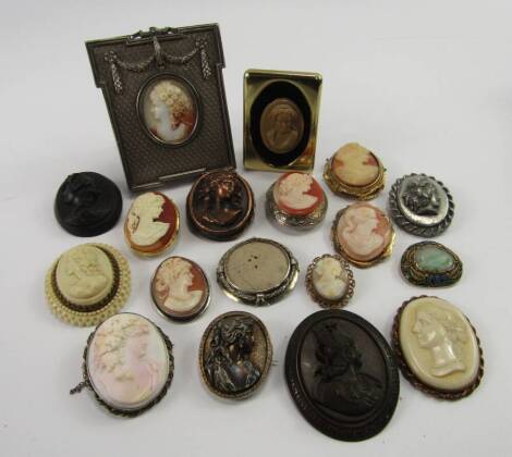 Cameo and other brooches, chiefly bust portraits, and a cameo set in a Neo Classical white metal strut frame, (a quantity).