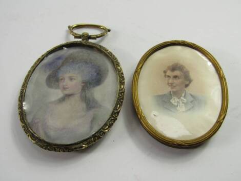 A watercolour miniature bust portrait of a lady, in a 19thC gilt metal oval frame, 8cm x 6cm, and a photograph of a lady in an oval strut frame, 6.5cm x 5cm.