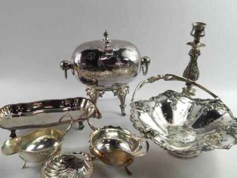 Victorian and later plated wares, including sauce boats, entree dishes, candlesticks and a basket, (a quantity).