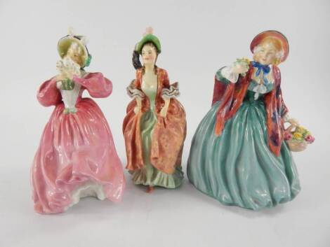 Three Royal Doulton figures, comprising Margarite HN1928, Lady Charmian HN1948, and Verena HN1835, (AF).