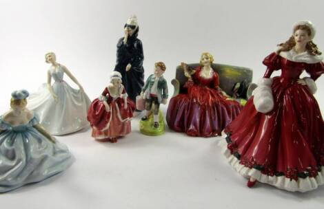 A collection of Royal Doulton figures, comprising A Christmas Morning HN4894, Pirouette HN2216, Debutante HN2210, Jack HN2060, Goody Two Shoes HN2037 (AF), Masque HN2554 (AF) and Sweet and Twenty HN1298 (AF).