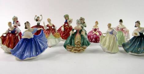 A group of twelve Royal Doulton small crinoline figures, including Autumn Breezes, Victoria, Sara, Christine, Christmas Morn, Elaine, etc.