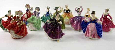 A group of Royal Doulton small crinoline figures, including Buttercup, Christine, Kirsty, Top o' the Hill, Sunday Best, Sara, etc.