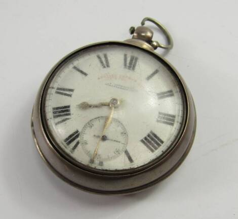 A Victorian silver pair cased pocket watch, open faced, key wind, E Goodacre, Billingborough, enamel dial bearing Roman numerals, subsidiary seconds dial, single fusee movement, No 11361, Chester 1884.