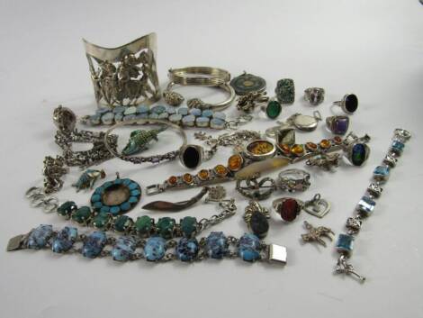 Silver jewellery, some gem and hard stone set, including bangles, necklaces, pendants, rings and brooches, (a quantity).