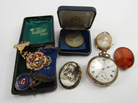 A 9ct gold and cameo brooch, bust portrait of a lady, further cameo brooch with figures, 9ct gold and agate set brooch, Waltham gentleman's gold plated keyless wind, open faced pocket watch, silver and enamel Masonic jewel, and a Boston 350 Anniversary me