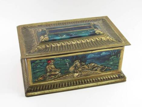 A Colman's Fine Mustard tin, of casket form relief decorated with panels of classical figures, 27.5cm x 17.5cm x 12.5cm.