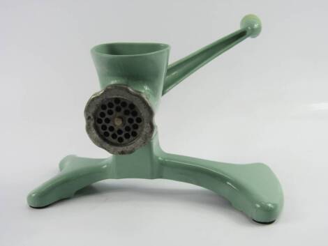 A Harper meat mincer, No 1500, in pea green, bows transfer, (AF).