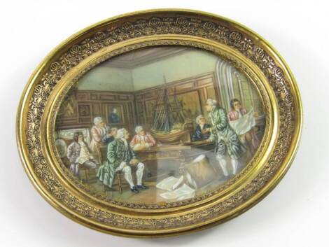 An oval watercolour miniature, of eighteenth century gentleman discussing over a model of a ship, brass framed, 7.5cm x 9.5cm.