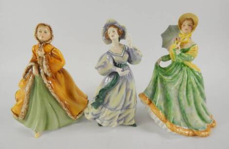 Three Royal Doulton figures, comprising Grand Manner HN2723, Rachel HN2919 and Elizabeth HN2946.