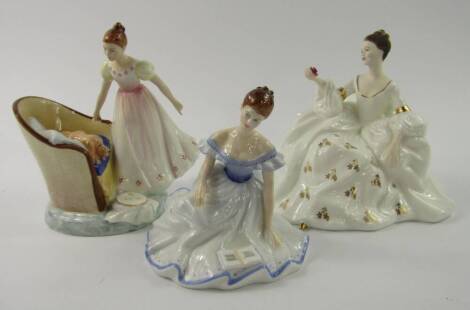 Three Royal Doulton figures, comprising Marjorie HN2788, My Love HN2339, and Beat you to it HN2871.