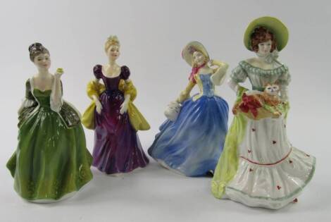 Four Royal Doulton figures, comprising Autumn Breezes HN3736, Jane HN3711, Fleur HN2368 and Loretta HN2337.