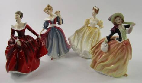 Four Royal Doulton figures, comprising Amy HN3316, Fragrance HN3311, Natalie HN3173 and Autumn Breezes HN2131.