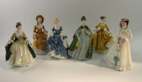 Six Royal Doulton figures, comprising Premier HN2343, Stephanie HN2807, Julia HN2706, Hilary HN2335, Elegance HN2264 and Sandra HN2275.