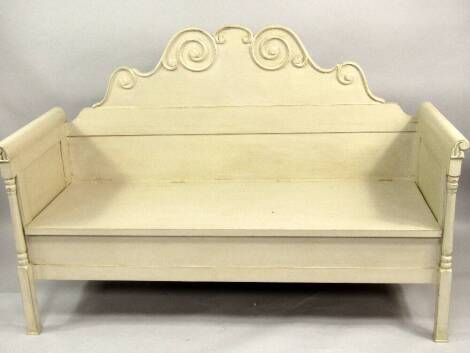 A French style painted window seat, with scroll back and lift compartment 170cm wide