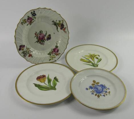 A Vienna porcelain plate, of spiral fluted form, painted with floral sprays, early 19thC, together with a Kaiser porcelain plate painted with roses, and a pair of Royal Worcester porcelain botanical plates, circa 1963, decorated by A H Williamson, with a 