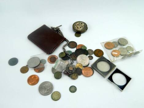 A silver curb link Albert chain and medallion, with T bar as fitted, a quantity of coins including a George V half crown 1933 and a George V Silver Jubilee brass cased compact.