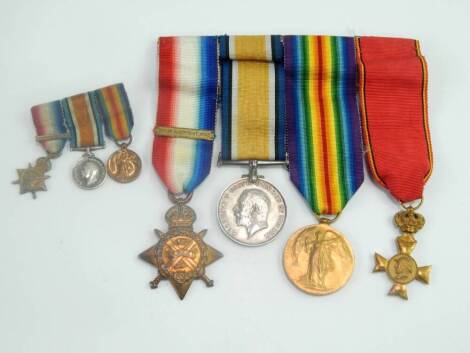 A WWI medal group, to AWO 2C1 W Moxham East Lancashire Regiment, 4350, comprising 1914 Star with 5th Aug - 22nd Nov 1914 bar, Great War and Victory medals, and the Belgium Veterans Cross, King Albert 1934, together with three miniature medals.