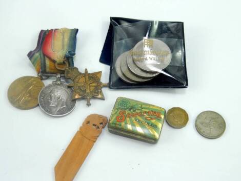 A WWI medal group, to Pte A J Jarrard Suffolk Regiment, 7489, comprising 1914-15 Star, Great War and Victory medals, together with coins, bookmark and a tin of gramophone needles.