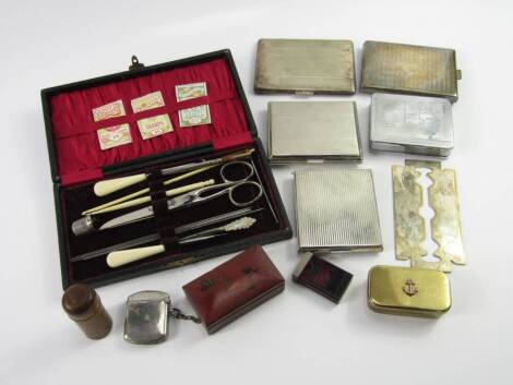 Art Deco chrome cigarette cases, white metal cigarette case stamped 835, 3.43t oz, silver vesta case, Birmingham 1924, 0.84t oz, sundry collectables and a cased crochet set, (a quantity).