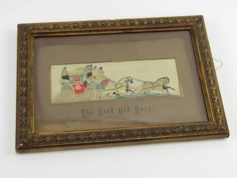 A silk Stevengraph, The Good Old Days, mounted and framed, 5cm x 15cm.