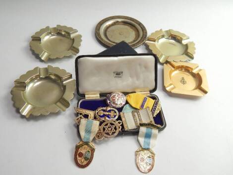 Masonic jewels and collectables, Cytringan Lodge No 4048 and Northamptonshire & Huntingdonshire Masonic Trust for Girls & Boys, four ashtrays, two dishes and a book on The Perfect Ceremonies of Craft Masonry 1944, (a quantity).