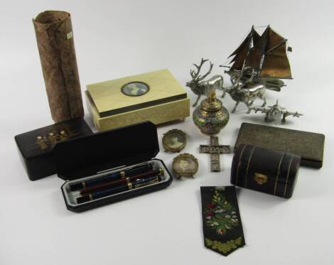 Collectables, including a faux ivory and miniature inset musical box, deer salt and pepper shakers, cloissonne salt and cover, Maltese brass model of the sailing ship Hera and an Orthodox white metal cross.