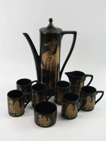 A Portmeirion Pottery part coffee service, decorated in the Phoenix pattern, comprising coffee pot, cream jug, sugar bowl and six cups.