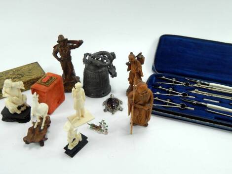 Collectables, including a cased set of drawing instruments, brass box embossed with dragons, cold painted match holder modelled as a puppy aside a bucket, scent bottles, a Bavarian compass and a Chinese bell, (a quantity).