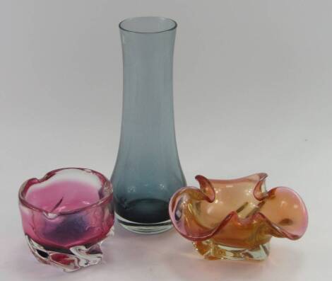 A Studio glass vase, of grey waisted form, and two Murano glass bowls, (3).