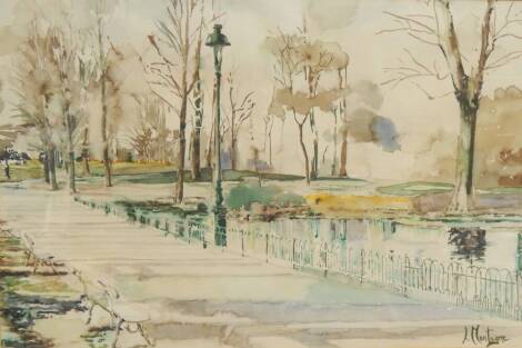 L Montagne. Town park and pond, watercolour, signed, 29cm x 44cm.