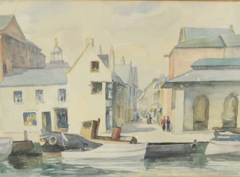 English School. Coastal townscape with boats in harbour, watercolour, 26cm x 36cm.