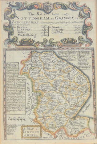 Emanuel Bowen. The Road from Nottingham to Grimsby in Lincolnshire, coloured engraving from Britannia Depicta, circa 1720, 18.5cm x 12cm, together with a 19thC map of Lincolnshire, 27cm x 20.5cm.