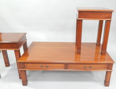 A Halstead & Fowler mahogany low coffee table, 125cm x 121cm x 73cm, and a pair of night tables.