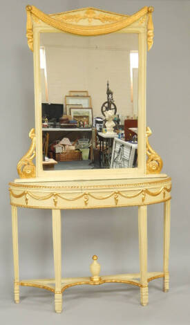 A French style console table and mirror, with parcel gilt and cream painted decoration, 206cm high, 120cm wide