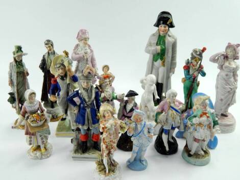 19thC and later porecelain and pottery figures, including a pair of Sitzendorf figures of a gallant and lady, a pair of Capodimonte Pietroburgo 1840 figures and Napoleonic figures, (18).