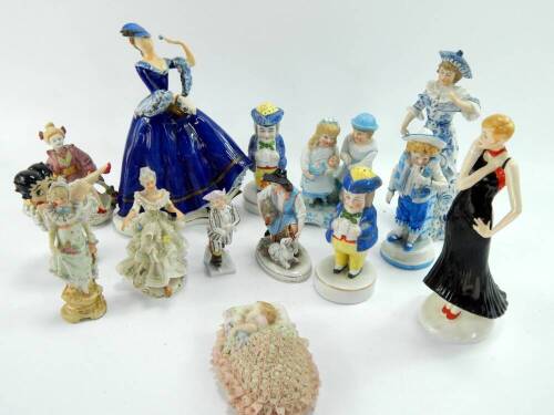 19thC and later porcelain and pottery figures, including a Knell Wien figure of a lady in a blue dress, No 745, a pair of Toby pepperettes, Anysley 1930's figure and an Irish Dresden figure modelled a Sweet Dreams, (14).