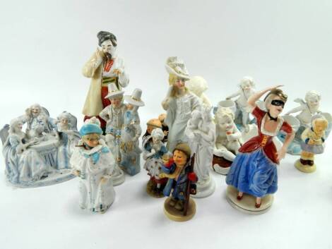 19thC and later porcelain and pottery figures, including a Russian peasant figure, a Continental porcelain conversation group, Hummel figure and a figure pair of Jenny Jones and Ned Morgan, (18).