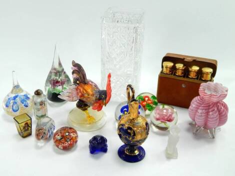 Glass paperweights, including a rabbit, scumbled cane, floral weights, a Venetian glass cockerel, four glass scent bottles, leather cased and sundry further glass, (a quantity).