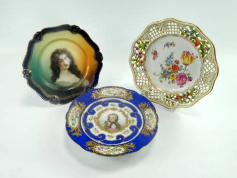 A Dresden porcelain ribbon plate, painted with flowers, Sevres porcelain tazza reserve painted with Queen Marie Leizinska against a bleu du roi ground, and a Bavarian porcelain plate, (AF), (3).