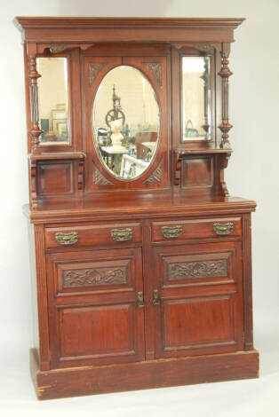 A Victorian carved walnut sideboard, with mirror back, 123cm wide.