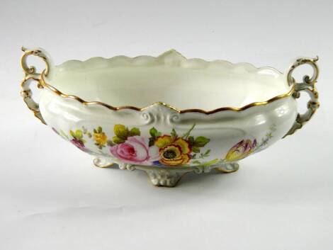 A Royal Crown Derby porcelain twin handled oval bowl, painted with flowers, circa 1908, printed and painted marks, 28cm long.