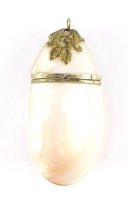 A shell etui, with brass floral suspension, and white metal mounts, 8.5cm wide.